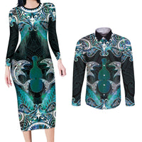 New Zealand Kotiate Weapon Couples Matching Long Sleeve Bodycon Dress and Long Sleeve Button Shirt Aotearoa Mango Paua Shell Maori Pattern LT22 Blue - Polynesian Pride