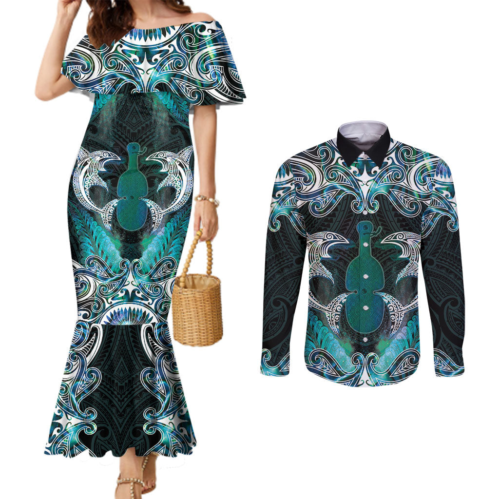 New Zealand Kotiate Weapon Couples Matching Mermaid Dress and Long Sleeve Button Shirt Aotearoa Mango Paua Shell Maori Pattern LT22 Blue - Polynesian Pride