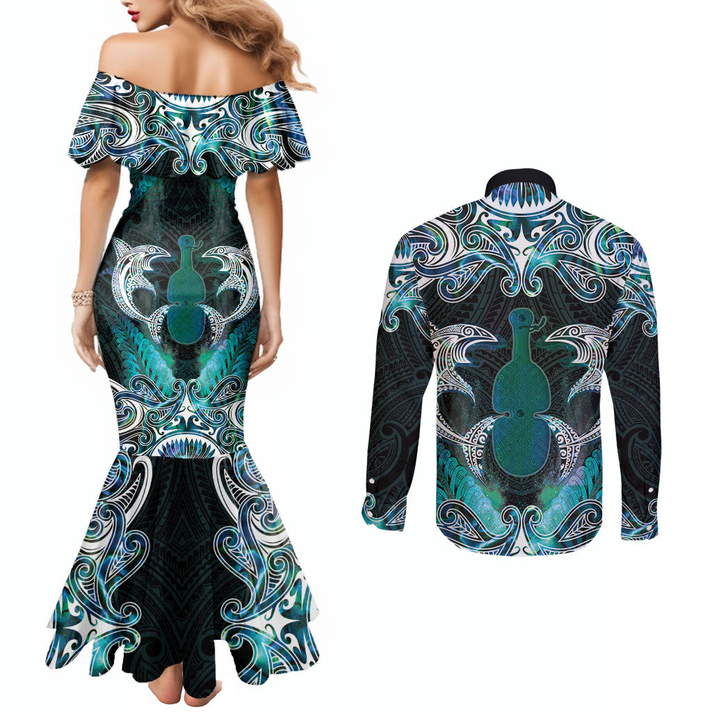 New Zealand Kotiate Weapon Couples Matching Mermaid Dress and Long Sleeve Button Shirt Aotearoa Mango Paua Shell Maori Pattern LT22 - Polynesian Pride
