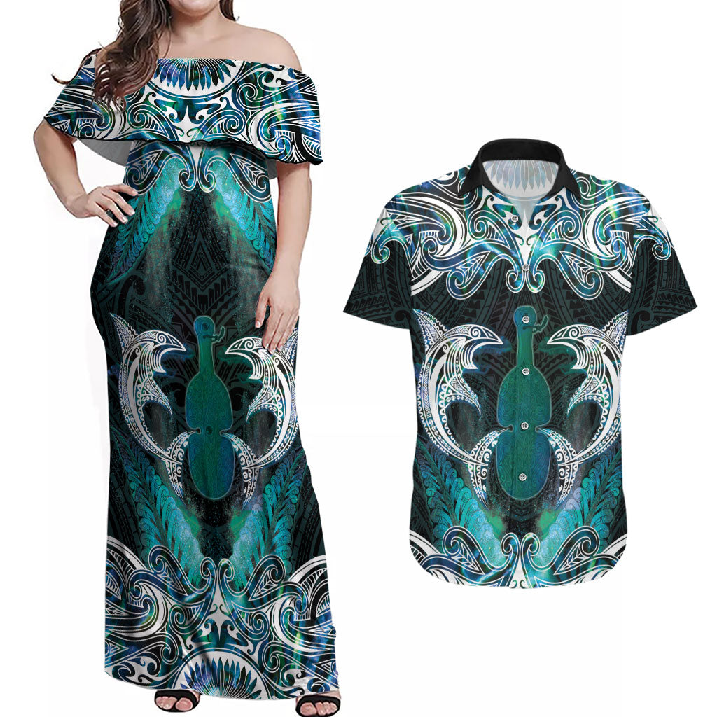 New Zealand Kotiate Weapon Couples Matching Off Shoulder Maxi Dress and Hawaiian Shirt Aotearoa Mango Paua Shell Maori Pattern LT22 Blue - Polynesian Pride
