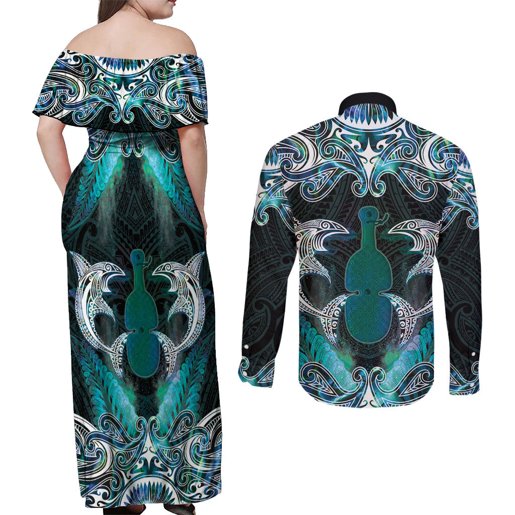 New Zealand Kotiate Weapon Couples Matching Off Shoulder Maxi Dress and Long Sleeve Button Shirt Aotearoa Mango Paua Shell Maori Pattern LT22 - Polynesian Pride