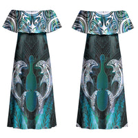 New Zealand Kotiate Weapon Couples Matching Off Shoulder Maxi Dress and Long Sleeve Button Shirt Aotearoa Mango Paua Shell Maori Pattern LT22 - Polynesian Pride