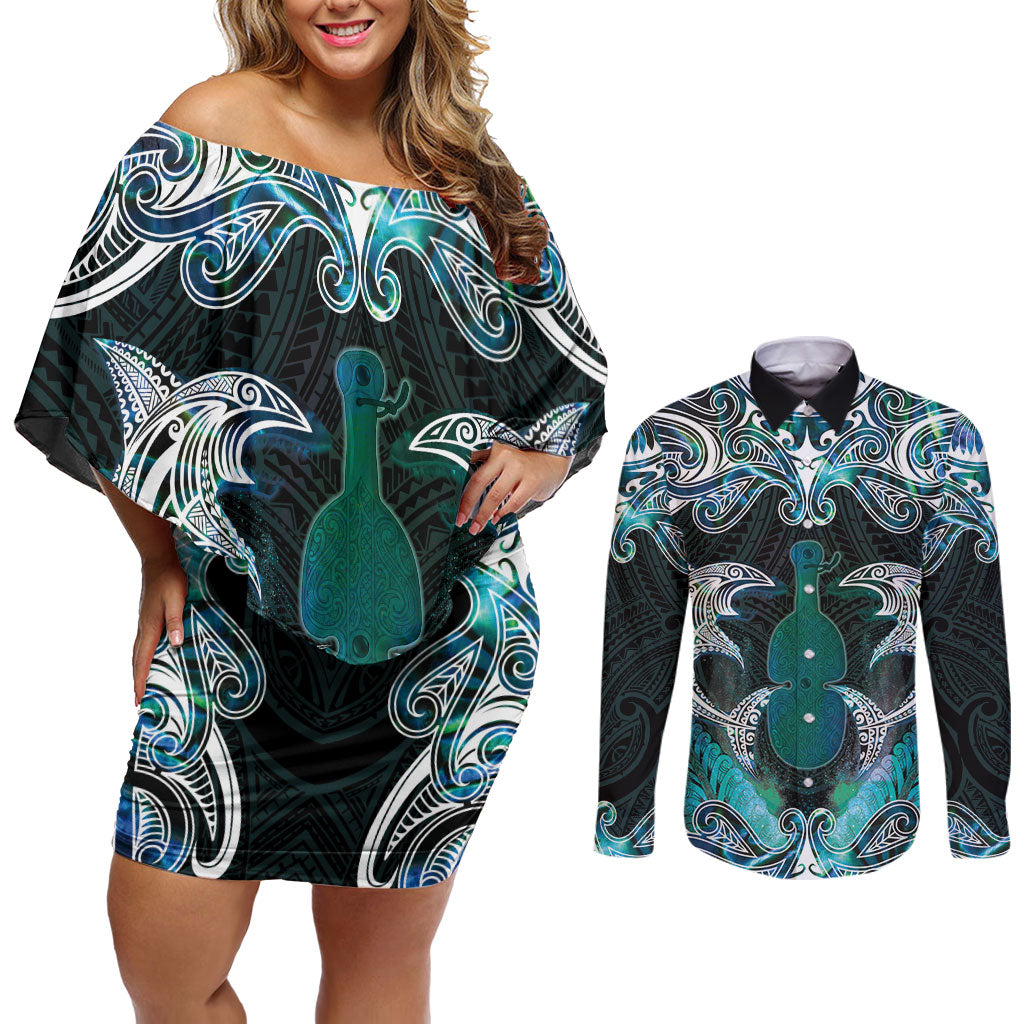 New Zealand Kotiate Weapon Couples Matching Off Shoulder Short Dress and Long Sleeve Button Shirt Aotearoa Mango Paua Shell Maori Pattern LT22 Blue - Polynesian Pride