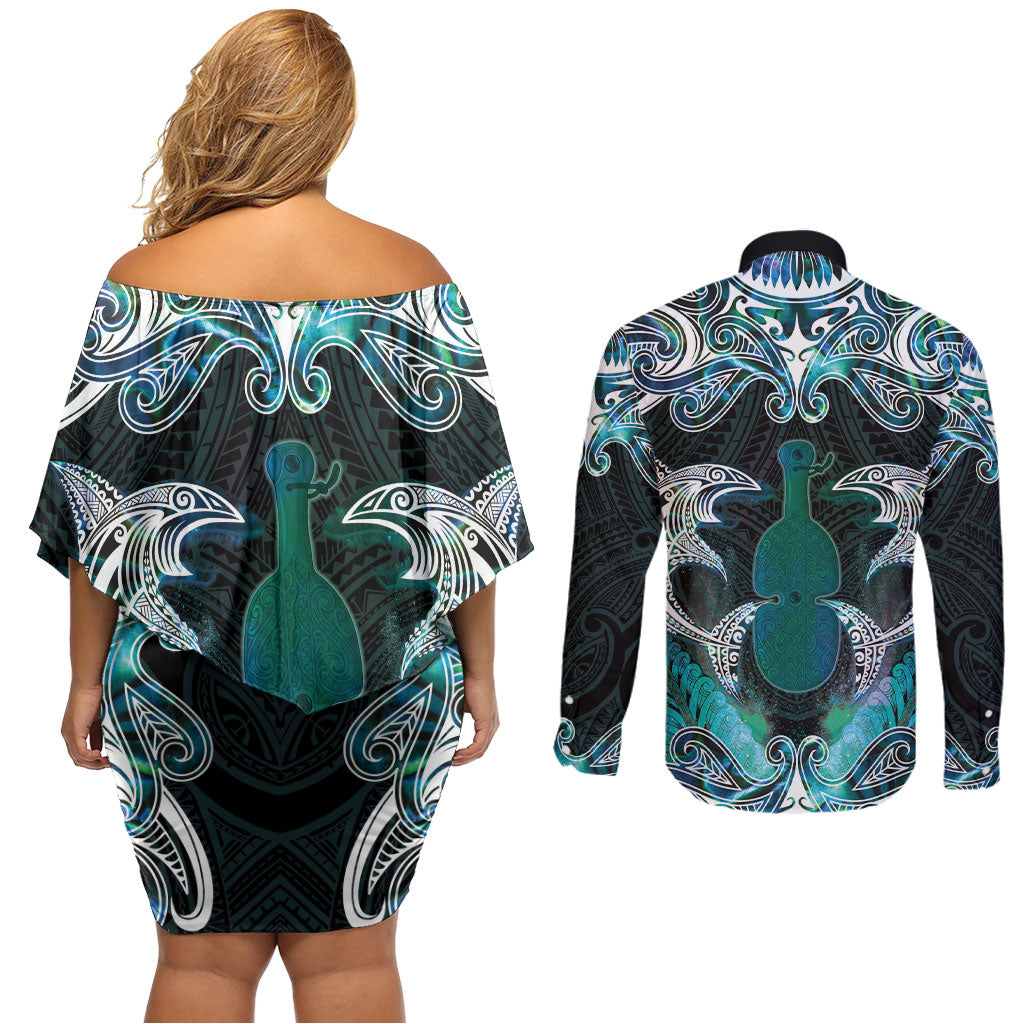 New Zealand Kotiate Weapon Couples Matching Off Shoulder Short Dress and Long Sleeve Button Shirt Aotearoa Mango Paua Shell Maori Pattern LT22 - Polynesian Pride