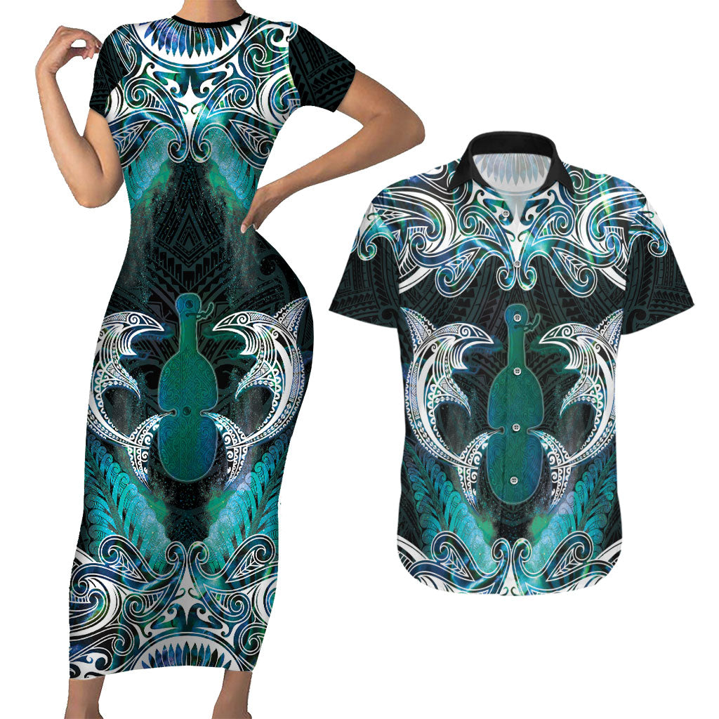 New Zealand Kotiate Weapon Couples Matching Short Sleeve Bodycon Dress and Hawaiian Shirt Aotearoa Mango Paua Shell Maori Pattern LT22 Blue - Polynesian Pride