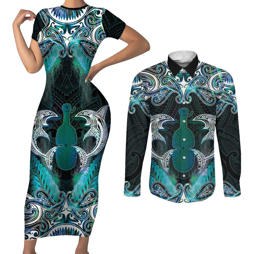 New Zealand Kotiate Weapon Couples Matching Short Sleeve Bodycon Dress and Long Sleeve Button Shirt Aotearoa Mango Paua Shell Maori Pattern LT22 Blue - Polynesian Pride