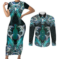 New Zealand Kotiate Weapon Couples Matching Short Sleeve Bodycon Dress and Long Sleeve Button Shirt Aotearoa Mango Paua Shell Maori Pattern LT22 Blue - Polynesian Pride