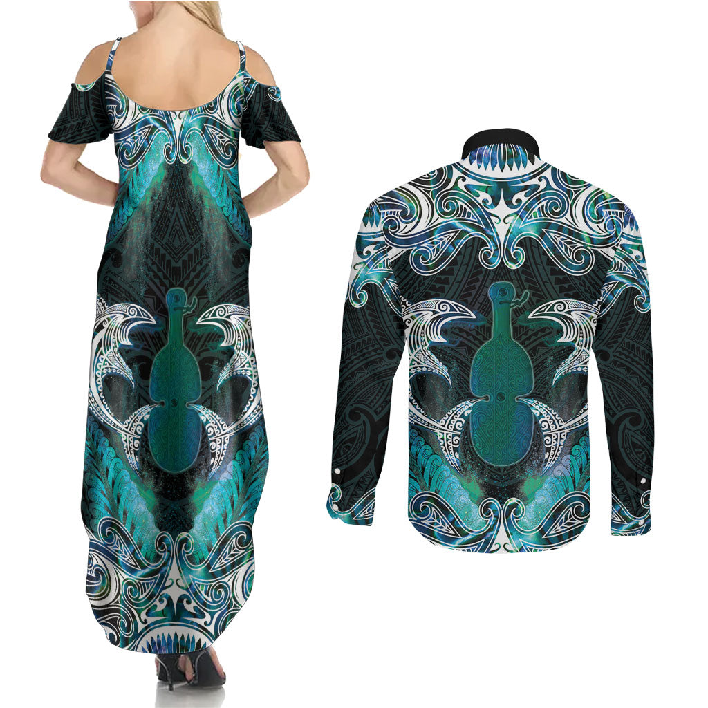 New Zealand Kotiate Weapon Couples Matching Summer Maxi Dress and Long Sleeve Button Shirt Aotearoa Mango Paua Shell Maori Pattern LT22 - Polynesian Pride