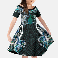 New Zealand Kotiate Weapon Family Matching Long Sleeve Bodycon Dress and Hawaiian Shirt Aotearoa Mango Paua Shell Maori Pattern LT22 Daughter's Dress Blue - Polynesian Pride