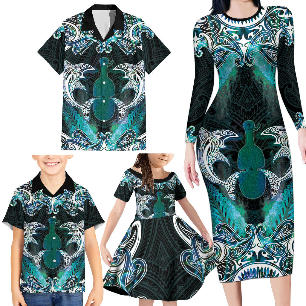 New Zealand Kotiate Weapon Family Matching Long Sleeve Bodycon Dress and Hawaiian Shirt Aotearoa Mango Paua Shell Maori Pattern LT22 - Polynesian Pride