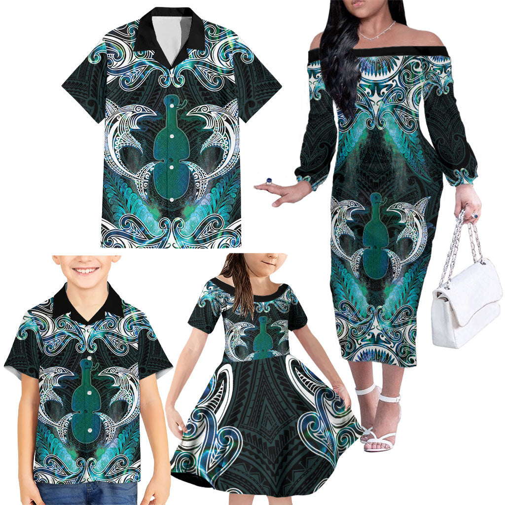 New Zealand Kotiate Weapon Family Matching Off The Shoulder Long Sleeve Dress and Hawaiian Shirt Aotearoa Mango Paua Shell Maori Pattern LT22 - Polynesian Pride