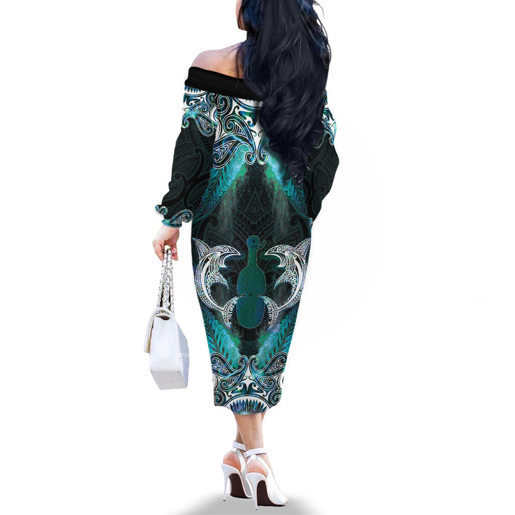 New Zealand Kotiate Weapon Family Matching Off The Shoulder Long Sleeve Dress and Hawaiian Shirt Aotearoa Mango Paua Shell Maori Pattern LT22 - Polynesian Pride