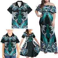 New Zealand Kotiate Weapon Family Matching Off Shoulder Maxi Dress and Hawaiian Shirt Aotearoa Mango Paua Shell Maori Pattern LT22 - Polynesian Pride