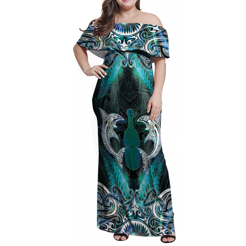New Zealand Kotiate Weapon Family Matching Off Shoulder Maxi Dress and Hawaiian Shirt Aotearoa Mango Paua Shell Maori Pattern LT22 Mom's Dress Blue - Polynesian Pride