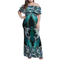 New Zealand Kotiate Weapon Family Matching Off Shoulder Maxi Dress and Hawaiian Shirt Aotearoa Mango Paua Shell Maori Pattern LT22 Mom's Dress Blue - Polynesian Pride