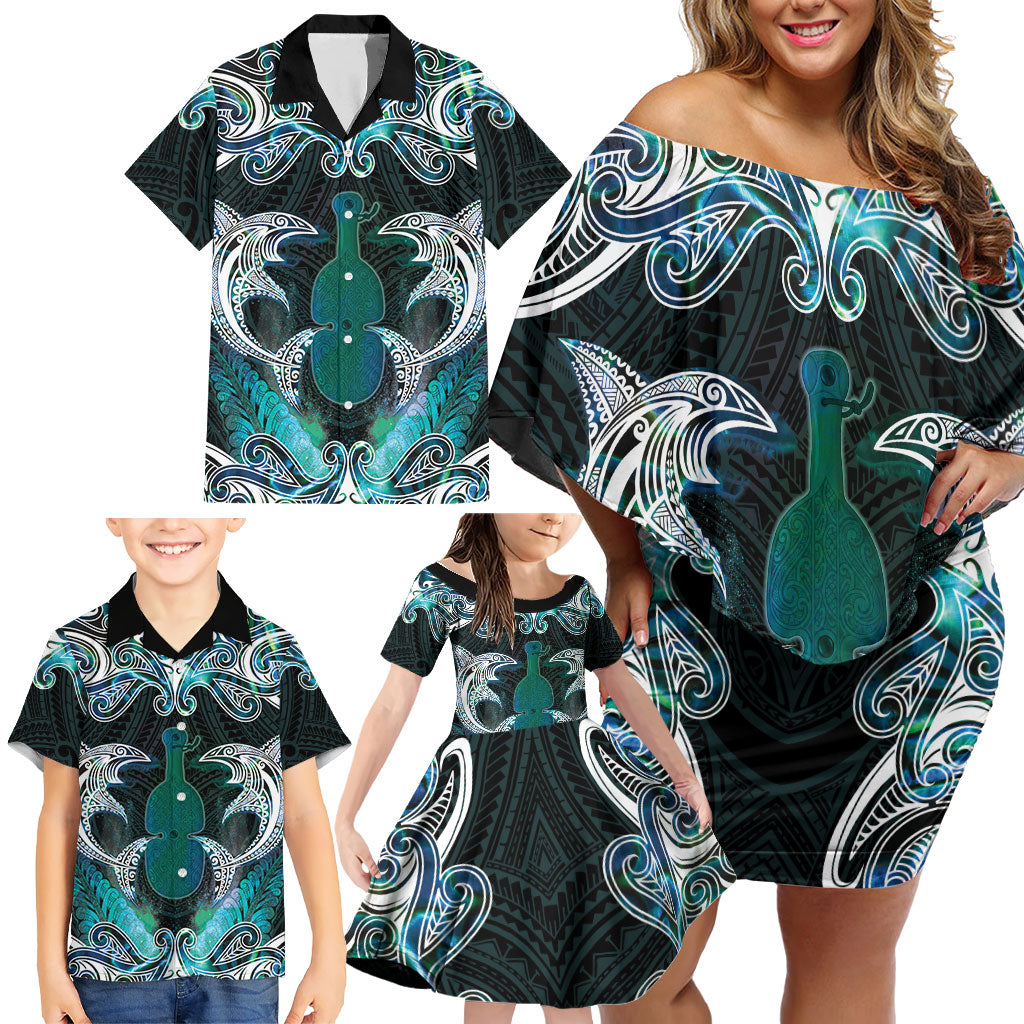 New Zealand Kotiate Weapon Family Matching Off Shoulder Short Dress and Hawaiian Shirt Aotearoa Mango Paua Shell Maori Pattern LT22 - Polynesian Pride