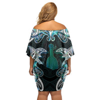 New Zealand Kotiate Weapon Family Matching Off Shoulder Short Dress and Hawaiian Shirt Aotearoa Mango Paua Shell Maori Pattern LT22 - Polynesian Pride