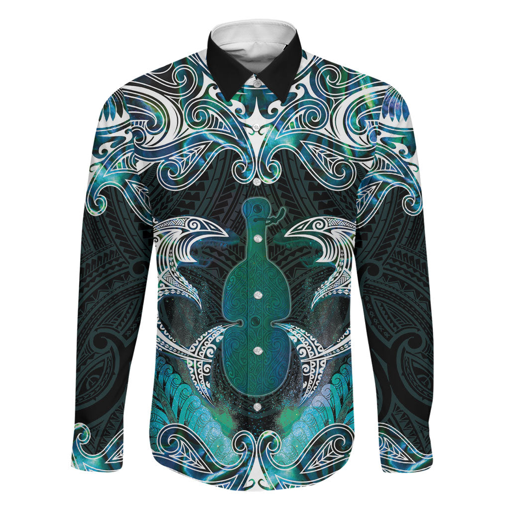 New Zealand Kotiate Weapon Family Matching Puletasi and Hawaiian Shirt Aotearoa Mango Paua Shell Maori Pattern LT22 Dad's Shirt - Long Sleeve Blue - Polynesian Pride