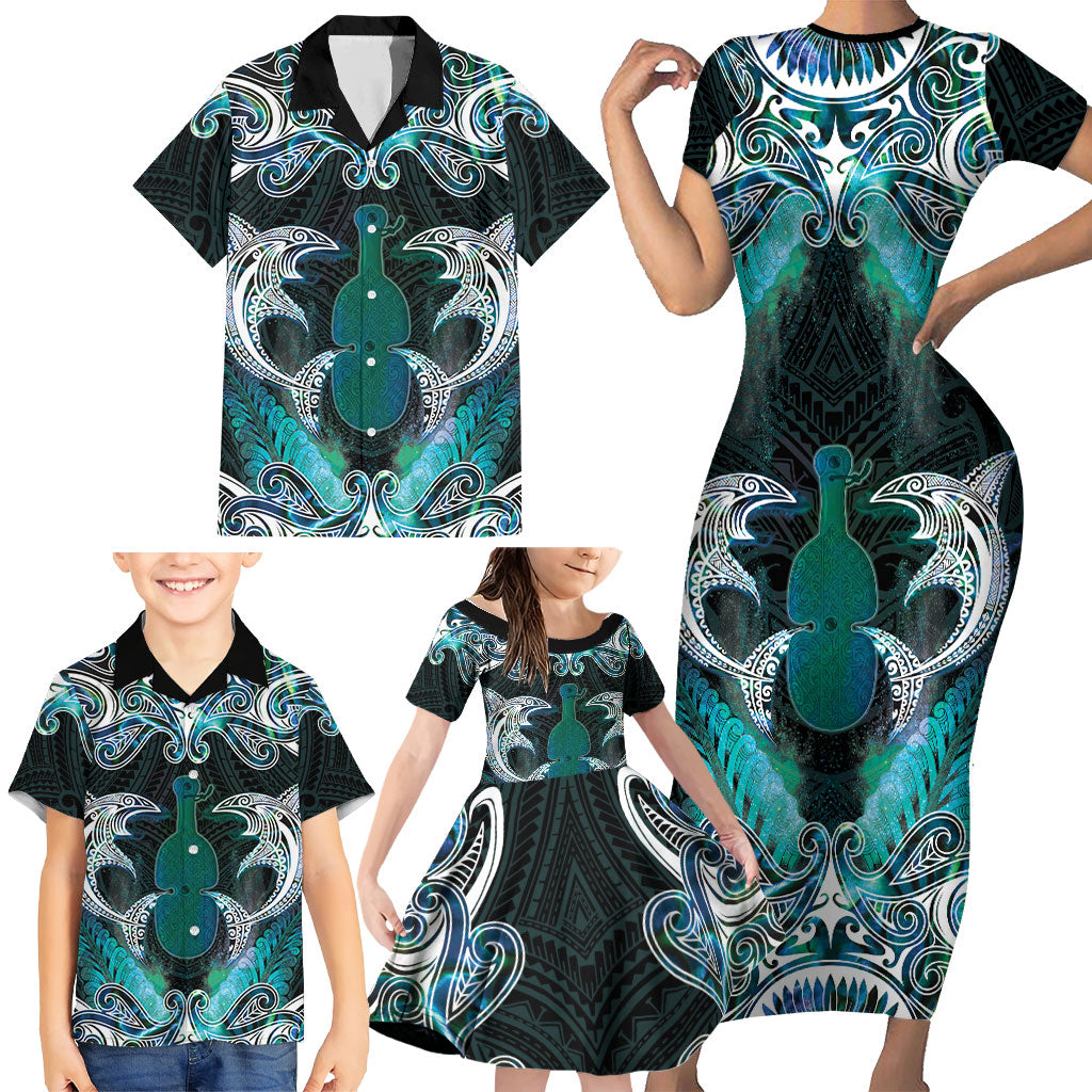 New Zealand Kotiate Weapon Family Matching Short Sleeve Bodycon Dress and Hawaiian Shirt Aotearoa Mango Paua Shell Maori Pattern LT22 - Polynesian Pride