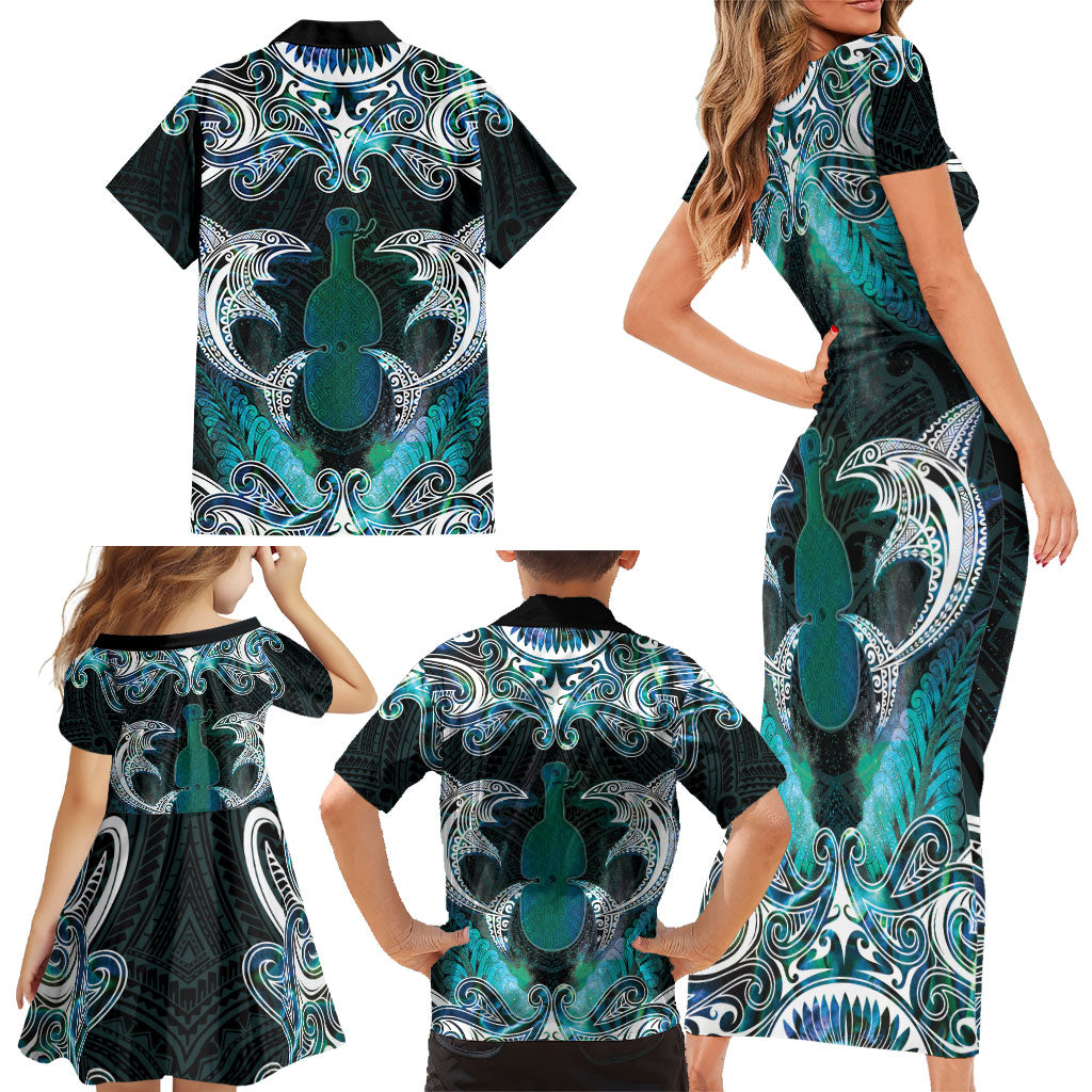 New Zealand Kotiate Weapon Family Matching Short Sleeve Bodycon Dress and Hawaiian Shirt Aotearoa Mango Paua Shell Maori Pattern LT22 - Polynesian Pride