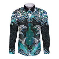 New Zealand Kotiate Weapon Long Sleeve Button Shirt Aotearoa Mango Paua Shell Maori Pattern LT22 Unisex Blue - Polynesian Pride