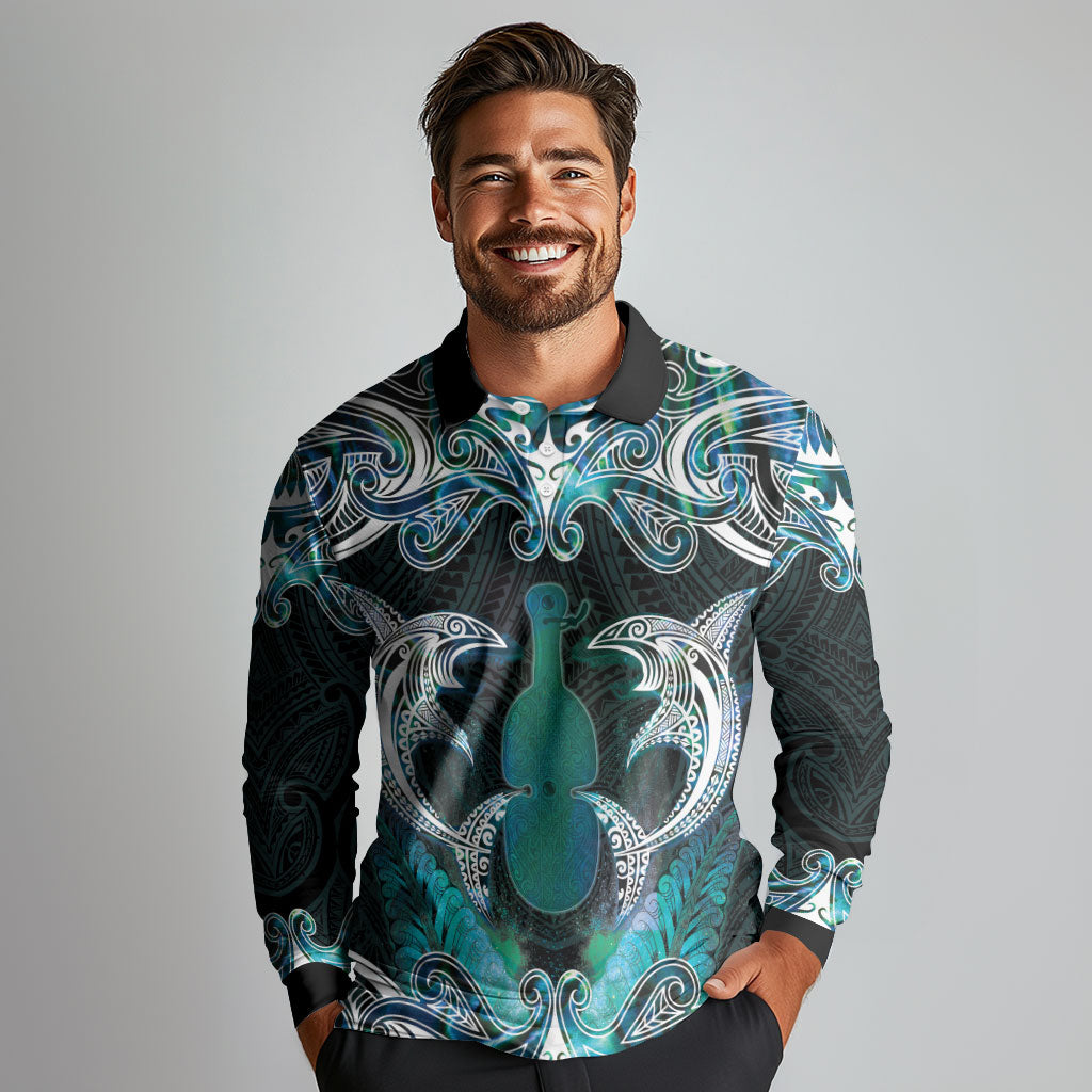New Zealand Kotiate Weapon Long Sleeve Polo Shirt Aotearoa Mango Paua Shell Maori Pattern LT22 - Polynesian Pride