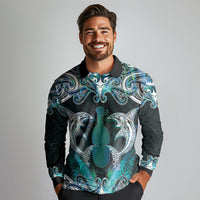 New Zealand Kotiate Weapon Long Sleeve Polo Shirt Aotearoa Mango Paua Shell Maori Pattern LT22 - Polynesian Pride