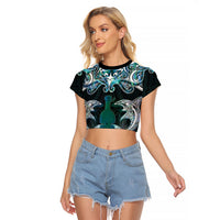 New Zealand Kotiate Weapon Raglan Cropped T Shirt Aotearoa Mango Paua Shell Maori Pattern LT22 Female Blue - Polynesian Pride