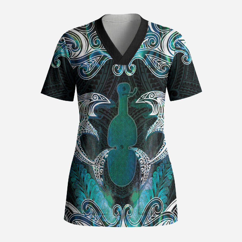 New Zealand Kotiate Weapon Scrub Top Aotearoa Mango Paua Shell Maori Pattern LT22 Adult Blue - Polynesian Pride