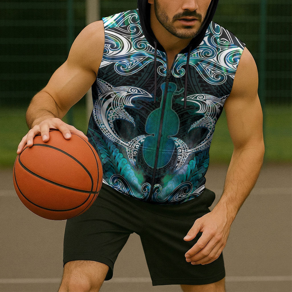 New Zealand Kotiate Weapon Sleeveless Zip Hoodie Aotearoa Mango Paua Shell Maori Pattern LT22 - Polynesian Pride