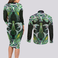 New Zealand Mere Pounamu Weapon Couples Matching Long Sleeve Bodycon Dress and Long Sleeve Button Shirt Aotearoa Mango Paua Shell Maori Pattern LT22 - Polynesian Pride