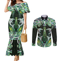 New Zealand Mere Pounamu Weapon Couples Matching Mermaid Dress and Long Sleeve Button Shirt Aotearoa Mango Paua Shell Maori Pattern LT22 Green - Polynesian Pride