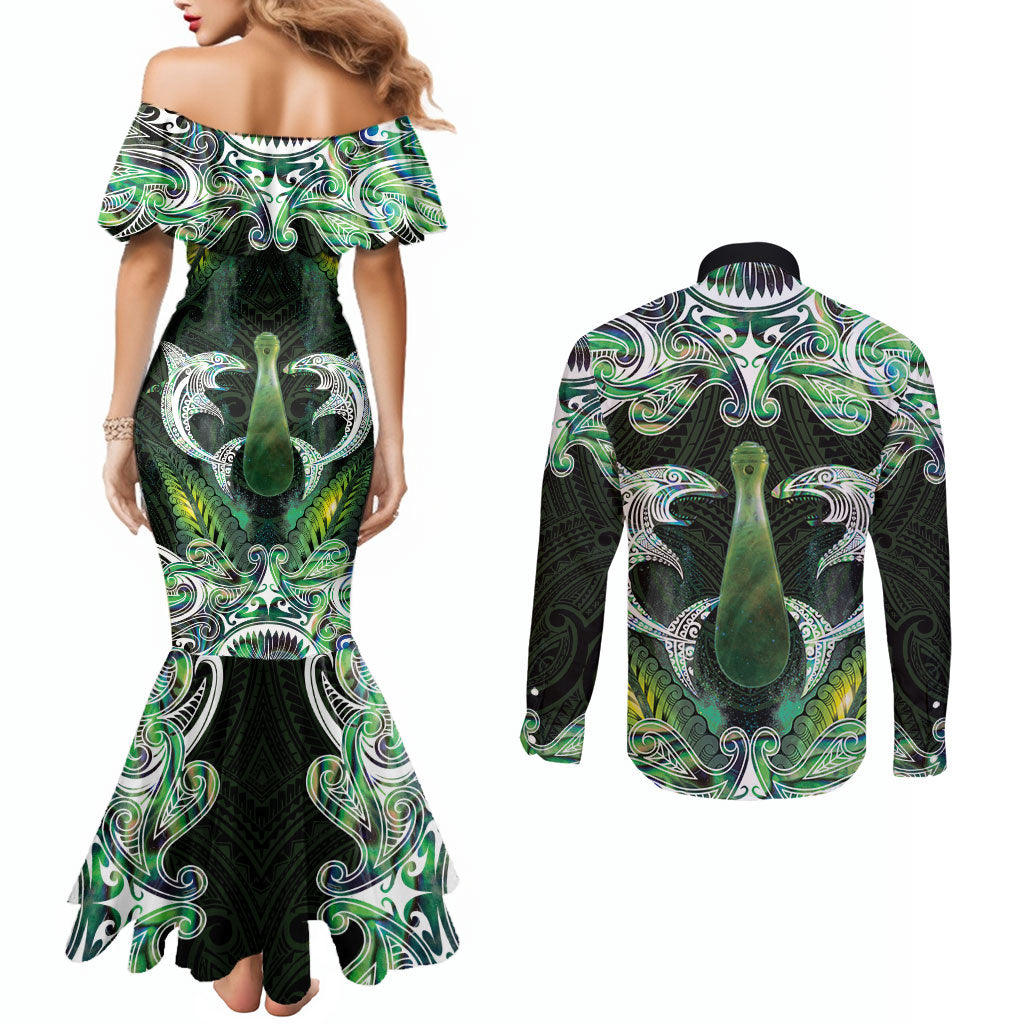 New Zealand Mere Pounamu Weapon Couples Matching Mermaid Dress and Long Sleeve Button Shirt Aotearoa Mango Paua Shell Maori Pattern LT22 - Polynesian Pride
