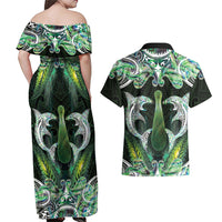 New Zealand Mere Pounamu Weapon Couples Matching Off Shoulder Maxi Dress and Hawaiian Shirt Aotearoa Mango Paua Shell Maori Pattern LT22 - Polynesian Pride