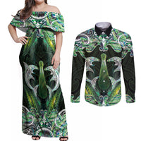 New Zealand Mere Pounamu Weapon Couples Matching Off Shoulder Maxi Dress and Long Sleeve Button Shirt Aotearoa Mango Paua Shell Maori Pattern LT22 Green - Polynesian Pride