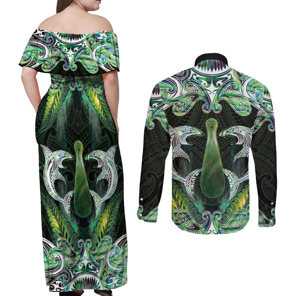 New Zealand Mere Pounamu Weapon Couples Matching Off Shoulder Maxi Dress and Long Sleeve Button Shirt Aotearoa Mango Paua Shell Maori Pattern LT22 - Polynesian Pride