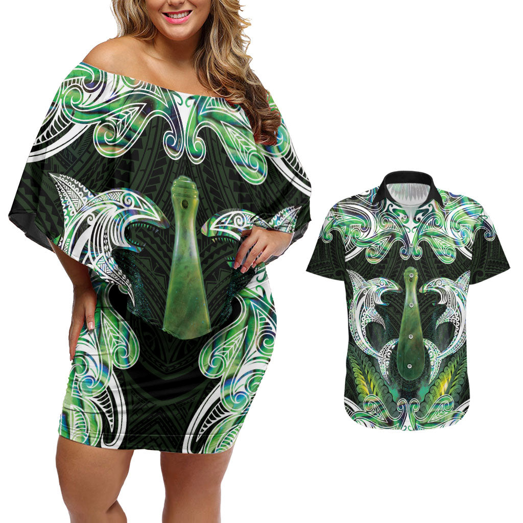 New Zealand Mere Pounamu Weapon Couples Matching Off Shoulder Short Dress and Hawaiian Shirt Aotearoa Mango Paua Shell Maori Pattern LT22 Green - Polynesian Pride