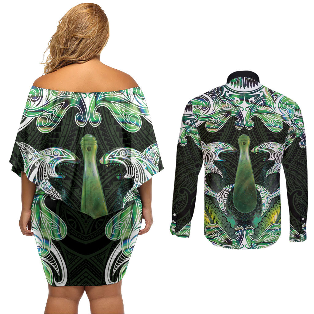 New Zealand Mere Pounamu Weapon Couples Matching Off Shoulder Short Dress and Long Sleeve Button Shirt Aotearoa Mango Paua Shell Maori Pattern LT22 - Polynesian Pride