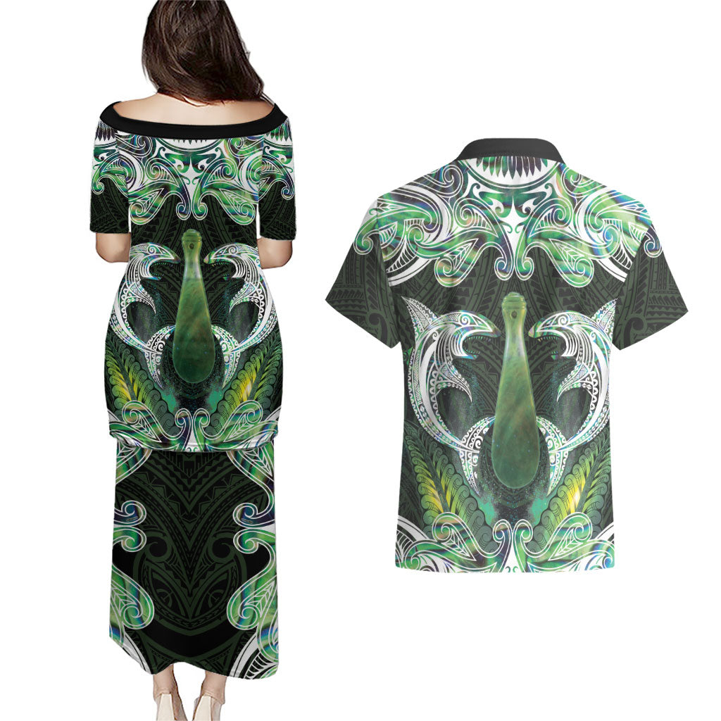 New Zealand Mere Pounamu Weapon Couples Matching Puletasi and Hawaiian Shirt Aotearoa Mango Paua Shell Maori Pattern LT22 - Polynesian Pride
