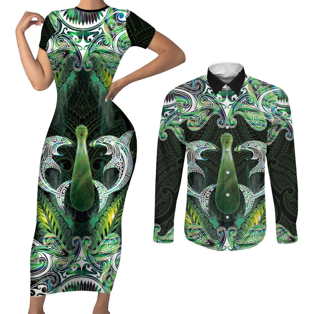 New Zealand Mere Pounamu Weapon Couples Matching Short Sleeve Bodycon Dress and Long Sleeve Button Shirt Aotearoa Mango Paua Shell Maori Pattern LT22 Green - Polynesian Pride