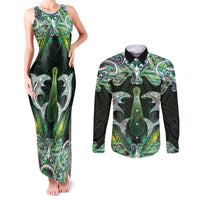 New Zealand Mere Pounamu Weapon Couples Matching Tank Maxi Dress and Long Sleeve Button Shirt Aotearoa Mango Paua Shell Maori Pattern LT22 Green - Polynesian Pride