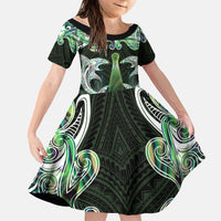 New Zealand Mere Pounamu Weapon Family Matching Mermaid Dress and Hawaiian Shirt Aotearoa Mango Paua Shell Maori Pattern LT22 Daughter's Dress Green - Polynesian Pride