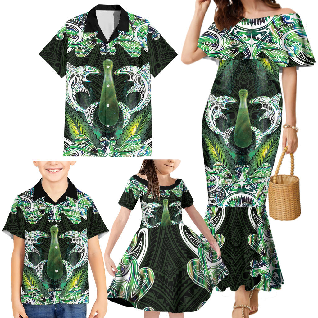 New Zealand Mere Pounamu Weapon Family Matching Mermaid Dress and Hawaiian Shirt Aotearoa Mango Paua Shell Maori Pattern LT22 - Polynesian Pride
