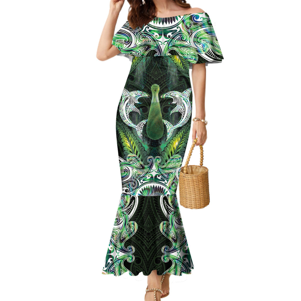New Zealand Mere Pounamu Weapon Family Matching Mermaid Dress and Hawaiian Shirt Aotearoa Mango Paua Shell Maori Pattern LT22 Mom's Dress Green - Polynesian Pride