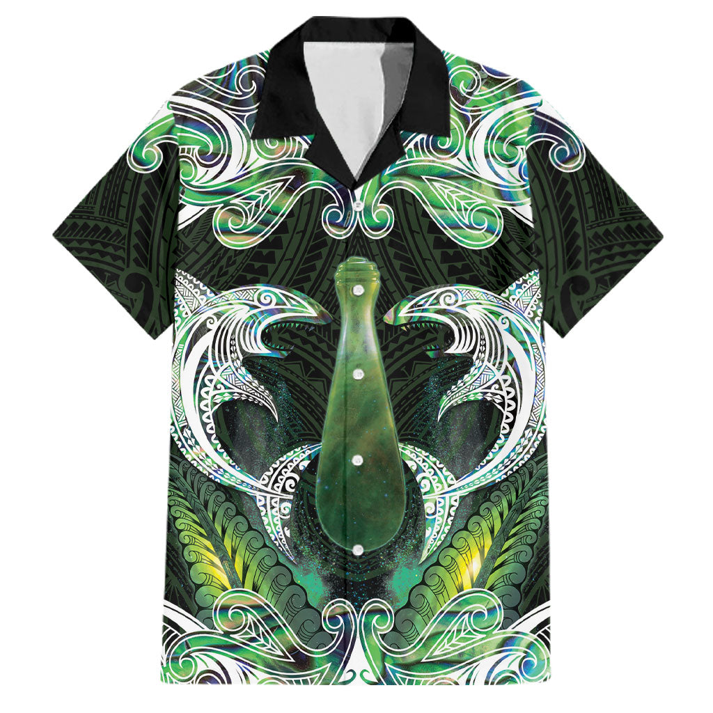 New Zealand Mere Pounamu Weapon Family Matching Off Shoulder Maxi Dress and Hawaiian Shirt Aotearoa Mango Paua Shell Maori Pattern LT22 Dad's Shirt - Short Sleeve Green - Polynesian Pride