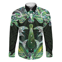 New Zealand Mere Pounamu Weapon Family Matching Off Shoulder Short Dress and Hawaiian Shirt Aotearoa Mango Paua Shell Maori Pattern LT22 Dad's Shirt - Long Sleeve Green - Polynesian Pride