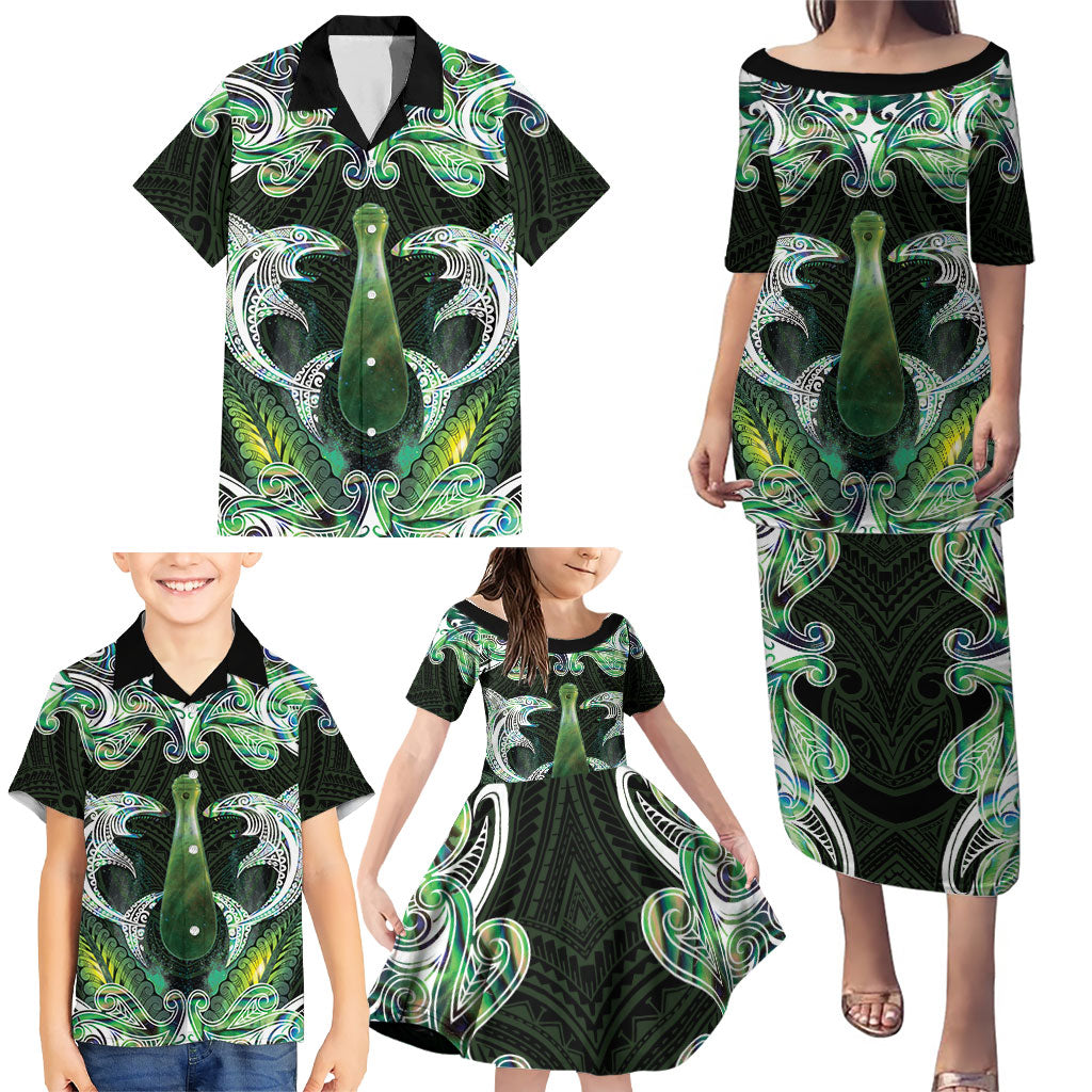 New Zealand Mere Pounamu Weapon Family Matching Puletasi and Hawaiian Shirt Aotearoa Mango Paua Shell Maori Pattern LT22 - Polynesian Pride