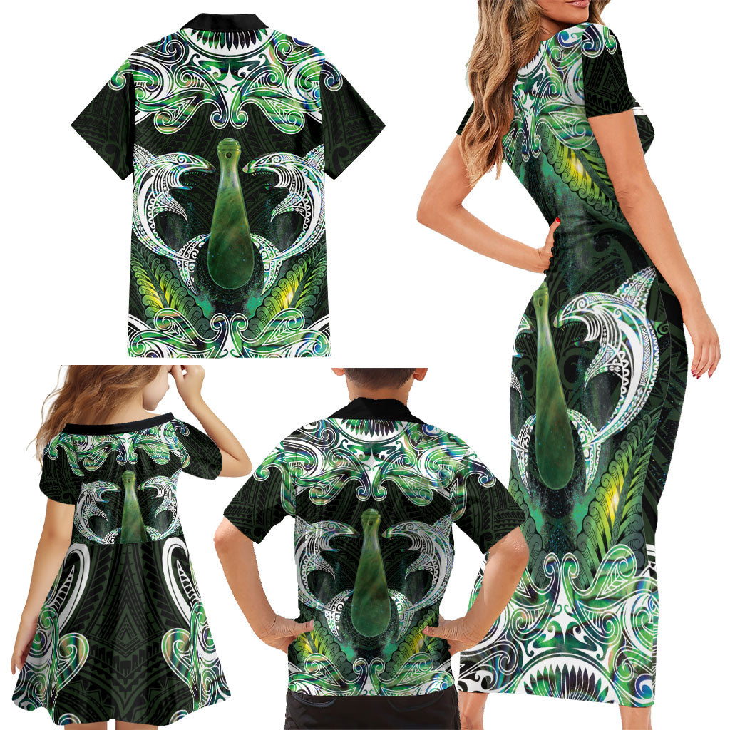 New Zealand Mere Pounamu Weapon Family Matching Short Sleeve Bodycon Dress and Hawaiian Shirt Aotearoa Mango Paua Shell Maori Pattern LT22 - Polynesian Pride