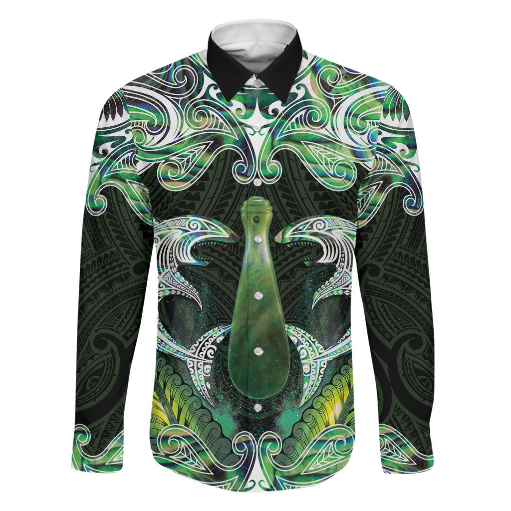 New Zealand Mere Pounamu Weapon Family Matching Summer Maxi Dress and Hawaiian Shirt Aotearoa Mango Paua Shell Maori Pattern LT22 Dad's Shirt - Long Sleeve Green - Polynesian Pride
