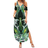 New Zealand Mere Pounamu Weapon Family Matching Summer Maxi Dress and Hawaiian Shirt Aotearoa Mango Paua Shell Maori Pattern LT22 Mom's Dress Green - Polynesian Pride